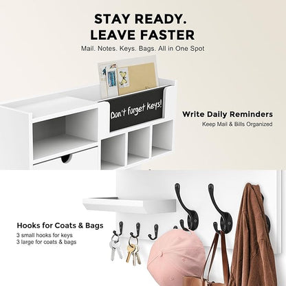 Key Holder Wall Mount with Mail Slot, Wall Key Holder with Chalkboard, Drawer & 7 Hooks, Key Hooks for Wall, Key Hanger Organizer for Entryway Keys Coats Bags, White Farmhouse
