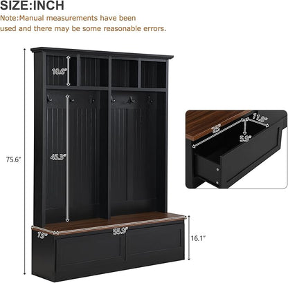 Merax Farmhouse Wood Hall Tree with Bench and Storage Drawers, 4-in-1 Coat Rack with 6 Hooks for Entrance, Hallway Black