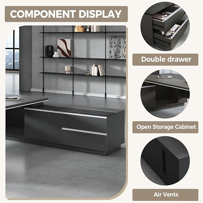 Modern L Shape Executive Desk with Storage Drawers – Large Black Corner Office Table for Home Workspace, Spacious Executive Desk with Cabinets (Black/Left, 87" L * 63" W * 30" H)