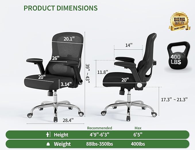 Office Chair Ergonomic Desk Chair Comfy: 400LBS Mesh Computer Chair Ergonomic Gaming Chairs with Wheels Adjustable Lumbar Support and Flip up Armrest-Swivel Executive Chairs Long Hours(Black)