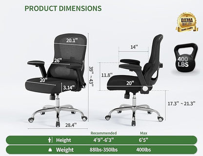 Office Chair Ergonomic Desk Chair Comfy: 400LBS Mesh Computer Chair Ergonomic Gaming Chairs with Wheels Adjustable Lumbar Support and Flip up Armrest-Swivel Executive Chairs Long Hours(Black)