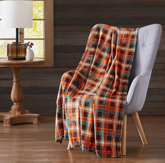 Winter Plaid Fleece Throw Blanket: Soft Plush Flannel Accent for Bed or Couch Orange, Teal Burgundy 50 x 70 inches