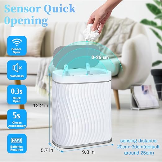 Bathroom Small Trash Can with Automatic Touchless Lid, 2.6 Gallon Smart Garbage Can Narrow Waterproof Trash Bin for Bedroom, Office, Living Room