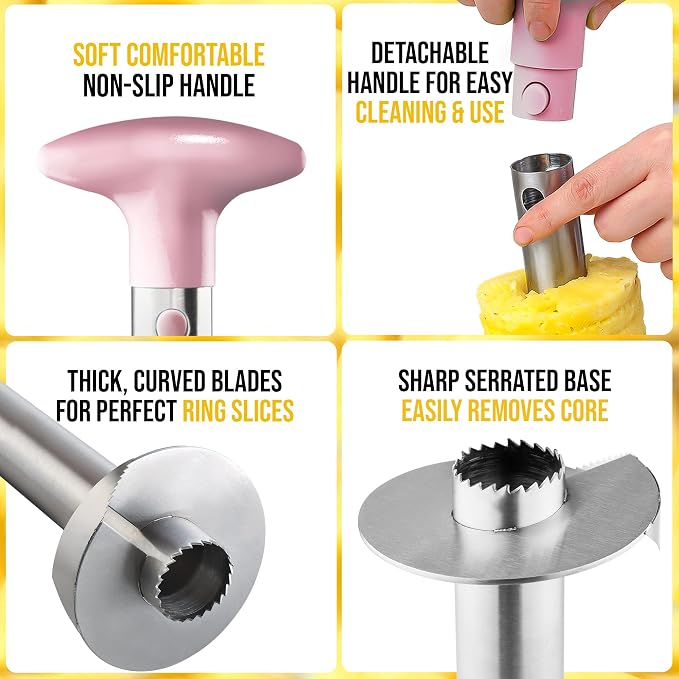 Zulay Kitchen Pineapple Corer and Slicer Tool – Stainless Steel Pineapple Cutter with Eye Remover Tool – Ergonomic Handle & Easy Core Remover – Reinforced Heavy-Duty Blade – Pink