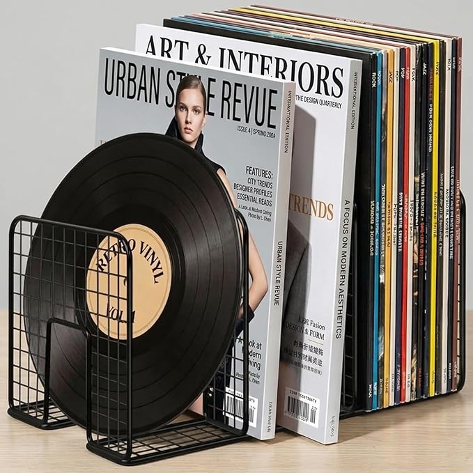 Vinyl Record Holder Storage, 3 Slot Metal Magazine Book Album Display Rack, Stylish Desktop File Tabletop Magazine Holder Rack, Record Storage, Album Storage Rack for LP Records/Magazines/Music Lovers