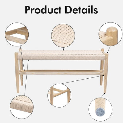 Solid Wood Entryway Bench with Shoe Storage, Rustic Oak Wood and Woven Design 39.4 Inch Long Seating for Living and Dining Rooms,Nature