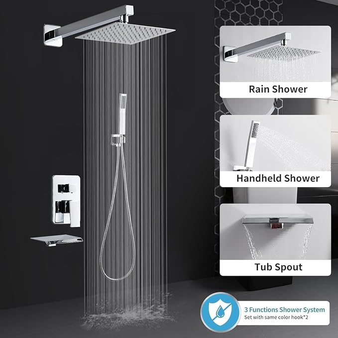 Chrome Shower Faucet Set with Tub Spout 8 Inch, Shower Head and Handle Set with 2 Hooks, Tub and Shower Faucet Combo, Rain Shower and Handheld Shower System Square Wall Mount for Bathroom