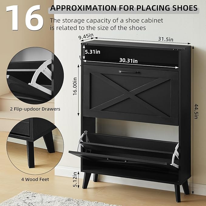 Shoe Storage Cabinet With 2 Flip Drawers, Farmhouse Organizer for Entryway, Narrow Hidden Rack With Wooden Legs & Open Storage, Free Standing Closet for Foyer, Hallway, Black