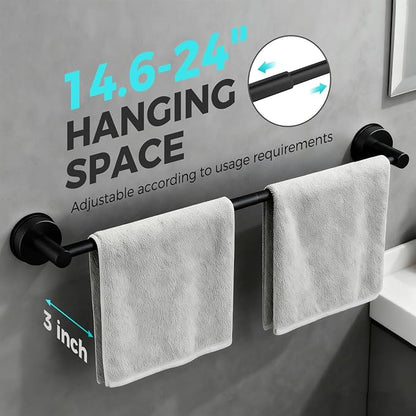 Adjustable Suction Cup Towel Bar for Bathroom Wall,14.6Inch~24 Inch Towel Racks for Bathroom,Stainless Steel Bath Towel Holder for Shower,2 Pack(Matte Black)