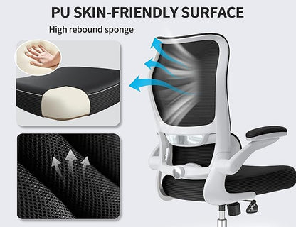 TRALT Ergonomic Office Chair - Desk Chair with Wave High Back Adjustable Lumbar Support Computer Chair - Gaming Chairs Mesh Backrest and PU Leather Seat for Home Reading Chairs to Adults (Black White)