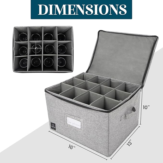 General Use Wine Glass Storage, Holds 12 Stemware Glasses, Stackable, Fully-Padded Inside with Hard Top and Sides (Grey)