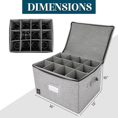 General Use Wine Glass Storage, Holds 12 Stemware Glasses, Stackable, Fully-Padded Inside with Hard Top and Sides (Grey)