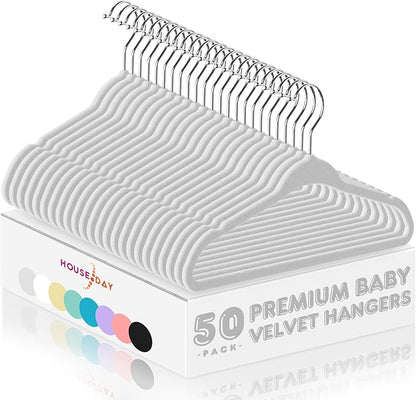 HOUSE DAY 11 Inch Velvet Baby Hangers 50 Pack Grey, Premium Kids Hangers for Children, Infant & Toddler Clothes, Durable Non Slip Small Baby Felt Hanger for Closet, Ideal for Everyday Use