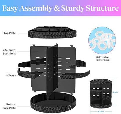 360 Rotating Makeup Organizer, DIY Adjustable Cosmetics Organizer[Patented Product], Professional Acrylic Make Up Caddy Shelf Storage Perfume, Lipsticks, Makeup Brushes or Accessories (Black)