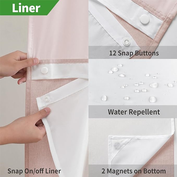 Long No Hooks Needed Linen Textured Shower Curtain with Snap-in Fabric Liner Set,Blush Hotel Luxury Decor Shower Curtains for Bathroom,Waterproof & Washable,71Wx80H