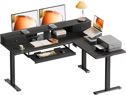 OffiGo 59 Inch L Shaped Electric Standing Desk with Drawers, Height Adjustable Corner Computer Desk with Keyboard Tray & Monitor Stand, Stand Up Table for Home Office Workstation, Black