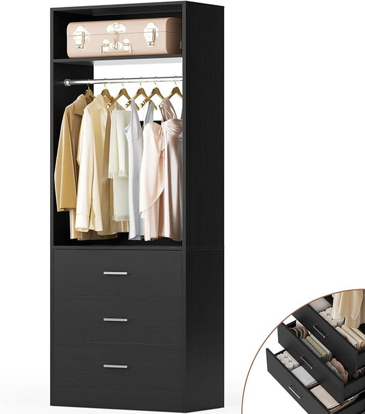 Besiost Freestanding 2FT Closet System with 3 Wood Drawers, 24" Closet Organizer System with Hanging Rod & Shelves, Walk-in Closet Systems for Small Closets, Black (24"L x 15" W x 80" H)