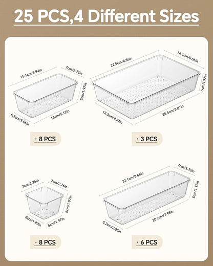 KEMETHY 25 PCS Plastic Drawer Organizers Set, 4 Sizes Vanity Organizer, Makeup and Desk Drawer Organizer Trays, Organization and Storage for Makeup, Bathroom, Kitchen Utensils and Office (Clear)