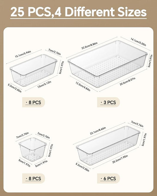 KEMETHY 25 PCS Plastic Drawer Organizers Set, 4 Sizes Vanity Organizer, Makeup and Desk Drawer Organizer Trays, Organization and Storage for Makeup, Bathroom, Kitchen Utensils and Office (Clear)