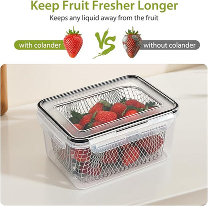 3 PCS Large Fruit storage Containers for Fridge - Leakproof Food Storage Containers with Stainless Steel Colander - Dishwasher safe Produce Containers Keep Fruits, Vegetables, Berry, Meat Fresh longer