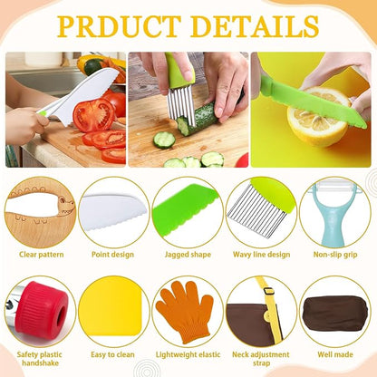14 Pieces toddler knife, Kids Knife Set Include Wood Kids Safe Knife, Plastic Toddler Knife, Cutting Board, Apron, Y Peeler, Crinkle Cutter, Kitchen Sleeves Covers, Gloves, Sandwich Cutter