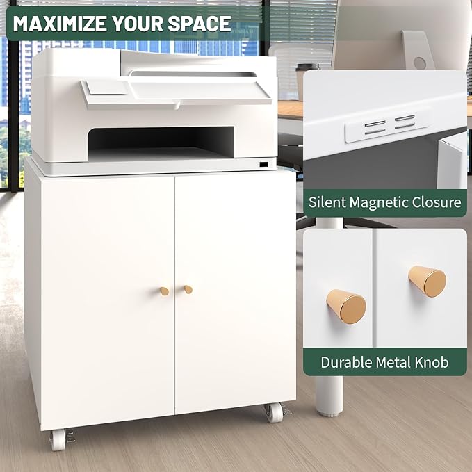 TEEALUBAN Printer Stand with Storage Cabinet with Wheels,3D Heavy Duty Metal Large Printer Table with Adjustable Shelf for Home Office, Mobile Printer Cart,White,23.62" H