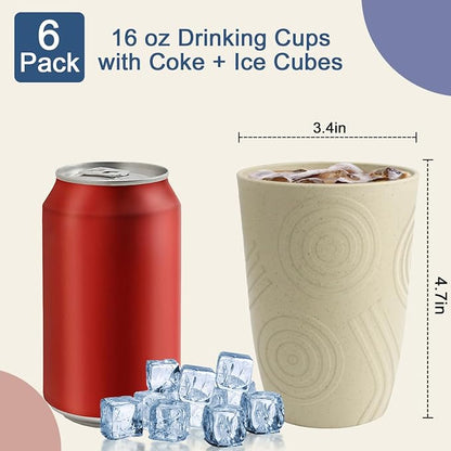 Wheat Straw Cups 6 PCS - 16 OZ Cup Set, Unbreakable Drinking Glasses, Kids Cup Set for Kitchen, Alternative to Plastic Cups Reusable Dishwasher Safe Water Tumbler (Beige)