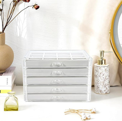 ProCase Earring Holder Organizer Jewelry Box with 5 Drawers, Acrylic Clear Earring Case with Adjustable Velvet Trays for Women - Warmwhite,5 Layers