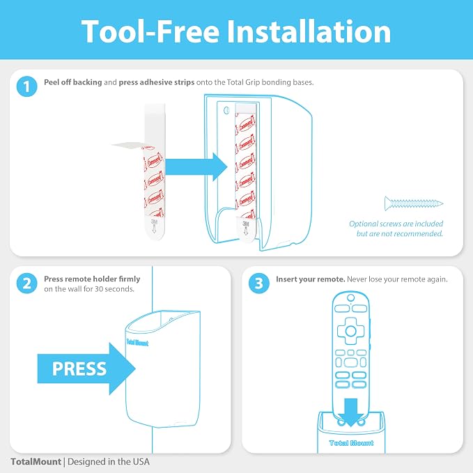 TotalMount Hole-Free Remote Holders – Eliminate Need to Drill Holes in Your Wall (Black Remote Control Holders, Quantity 2)