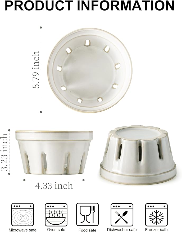 Gomakren Fruit Basket for Kitchen, Fruit Bowl with Holes, Ceramic Berry Basket Set of 2, 5.8 Inch Round Berry Containers Colander - Farmhouse Kitchen Decor, White