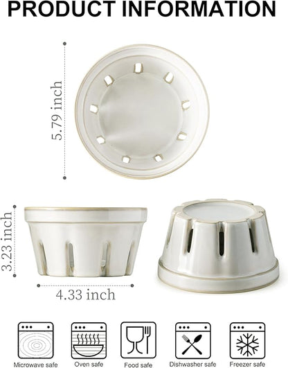 Gomakren Fruit Basket for Kitchen, Fruit Bowl with Holes, Ceramic Berry Basket Set of 2, 5.8 Inch Round Berry Containers Colander - Farmhouse Kitchen Decor, White