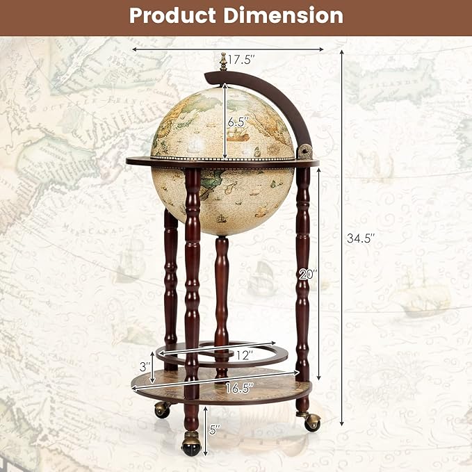 Goplus Globe Bar, 17.5” Globe Bar Liquor Cabinet with Wheels, Bottom Shelf, Old World Map, 16th Century Italian Replica Bar Globe, Retro Wine Stand, Globe Bar Cart for Dining Room Living Room Home