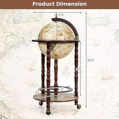 Goplus Globe Bar, 17.5” Globe Bar Liquor Cabinet with Wheels, Bottom Shelf, Old World Map, 16th Century Italian Replica Bar Globe, Retro Wine Stand, Globe Bar Cart for Dining Room Living Room Home