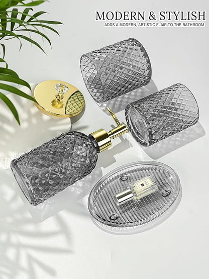 Haturi Gray Glass Bathroom Accessories Set, 4-Piece - Lotion Soap Dispenser, Toothbrush Holder, Cotton Swab Jar & Soap Dish – Elegant Gold Accent for Countertop & Housewarming Gift