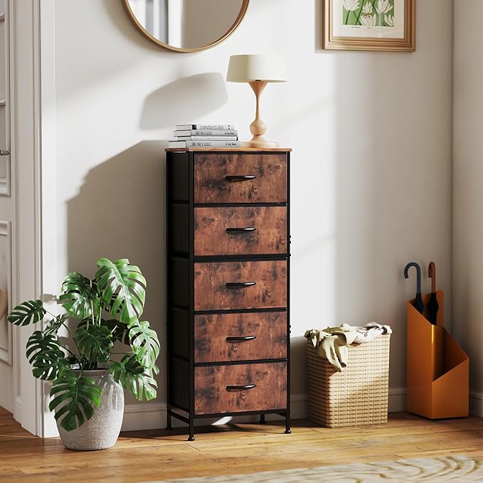 Sweetcrispy 5 Drawer Dresser with Fabric Bins Steel Frame Wood top Storage Chest for Bedroom Closet Hallway Brown Compact Organizer Durable Home Storage Solution