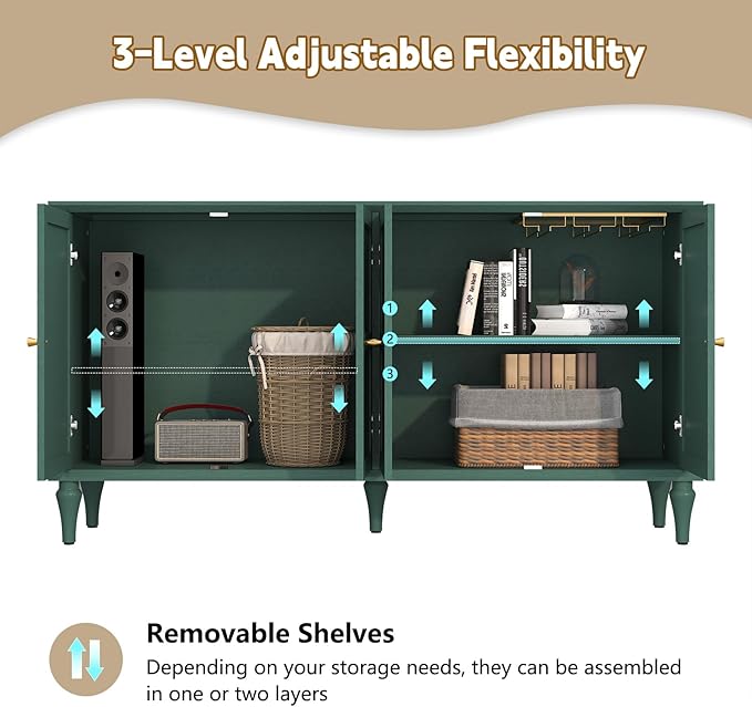 ARTPOWER 58'' Mid-Century Modern Buffet Storage Cabinet with 4 Doors and Adjustable Shelves, Accent Style Sideboard for Entryway, Dining Room, Living Room, Green
