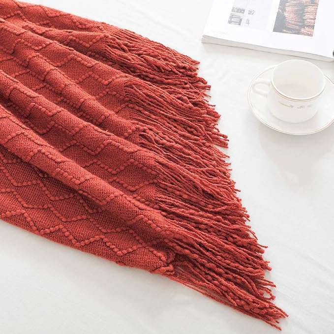 BOURINA Rust Throw Blanket 60x80 Inches Throw Textured Solid Soft Sofa Throw Couch Knitted Decorative Blanket