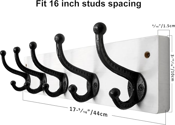 WEBI Rustic Coat Rack Wall Mount,5 Cast Iron Coat Hooks Wall Mounted,Heavy Duty Wall Coat Hanger Hooks for Hanging Coats,Clothes,Black on White,2 Packs