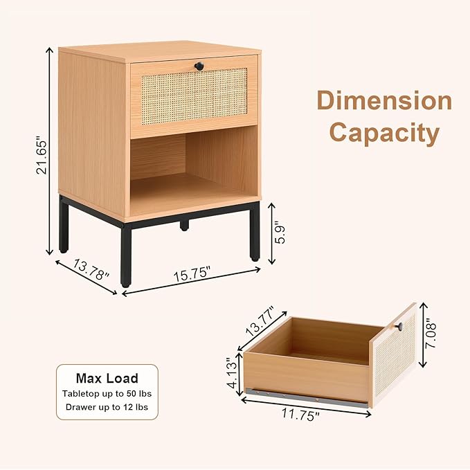 XIAO WEI Natural Rattan Nightstand Set of 2, Boho Night Stand with Drawer and Open Shelf, Bedside Table Accent Cane End Table Side Table for Bedroom Living Room, Metal Legs/Small/Light Brown
