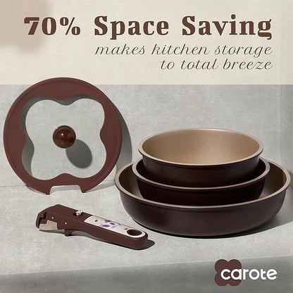 CAROTE 11pcs Ceramic Cookware Set, Pots and Pans Set Non stick, Induction Kitchen Cookware with Removable Handle, RV Dishwasher ＆ Oven Safe, RV/Camping Cookware, PFOA Free, Brown