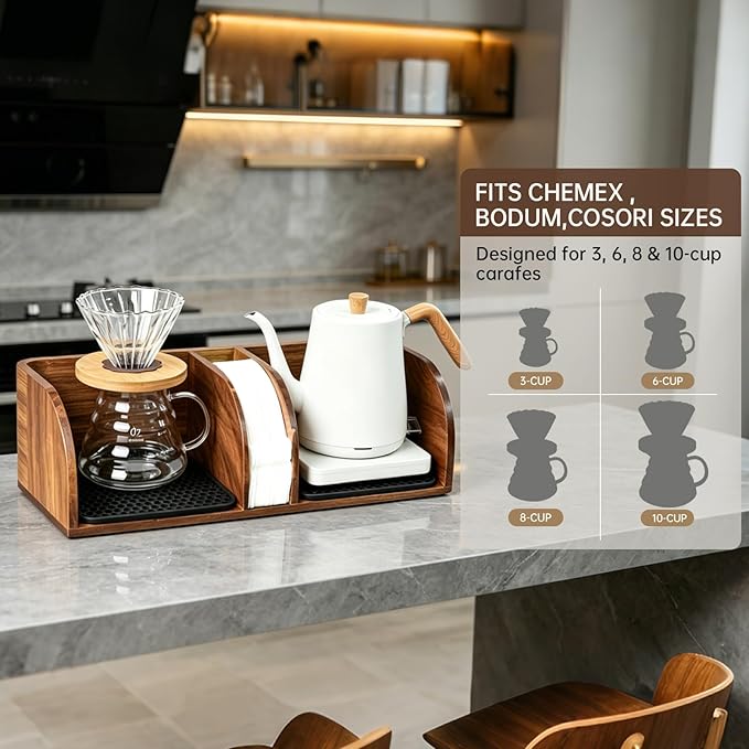 MAVOTER Acacia Coffee Bar Station Organizer Stand for Pour Over Maker, Coffee Filter Holder for Countertop ,Wooden Caddy Storage Organizers with Heatproof Mat(17.8*7*5.1 inch)