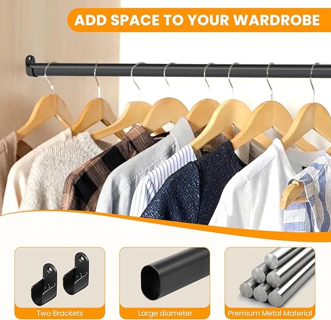 Oval Closet Rod for Hanging Clothes Adjustable Closet Rods 18 to 87 Inch Heavy Duty Black Poles Bar Closet Rod Expandable for Wardrobes Laundry RV