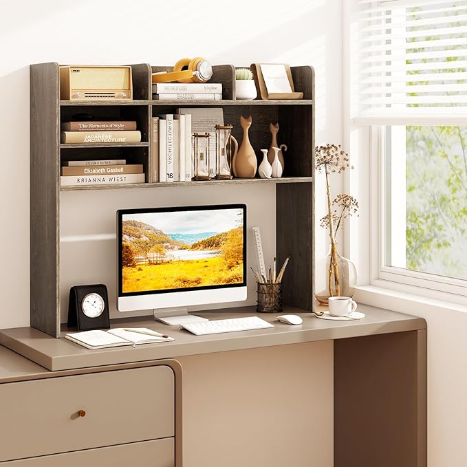 Desk Hutch, Desktop Shelf with 6 Shelves, Desk Bookshelf w/Anti-Toppling Devices, Wood Table Top Bookshelf Organizer, Small Desk Shelf for Study, Office, Dorm (Grey, 6 Shelves)