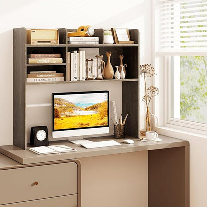 Desk Hutch, Desktop Shelf with 6 Shelves, Desk Bookshelf w/Anti-Toppling Devices, Wood Table Top Bookshelf Organizer, Small Desk Shelf for Study, Office, Dorm (Grey, 6 Shelves)
