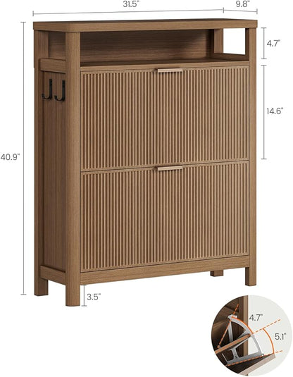 AOGLLATI Shoe Cabinet Storage,Narrow Fluted Shoe Rack Cabinet with 2 Flip Drawers, Wooden Freestanding Organizer with Open Storage Space for Entryway,Wood (Wood)