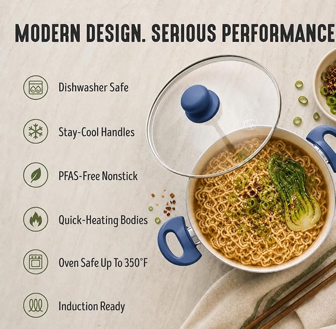 GreenLife 5 Quart Nonstick Stock Pot with Lid, Non-Toxic Ceramic Pot, Dishwasher Safe, Induction Ready, Fast Heating, Stay-Cool Handles, Kitchen Casserole, Soup, Pasta, Easy Clean, Slate Blue