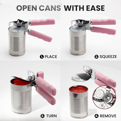 Zulay Kitchen Heavy Duty Stainless Steel Can Opener Manual with Bottle Opener - Rust Proof Manual Can Opener With Turn Knob & Comfy Soft Grip Handles - Pink