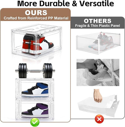 BVBOX 12 Pack Acrylic Shoe Storage Boxes with Magnetic Door - 360° Clear Stackable Shoe Display Box Set, Plastic Shoe Cabinet Rack Box for Sneakers Heels Shoes (12, Clear, L - Front Open)
