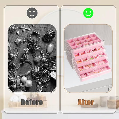 5 Drawers Clear Jewelry Box for Women and Girls, Acrylic Earring Holder Organizer Ring Holder Display Storage, Pink
