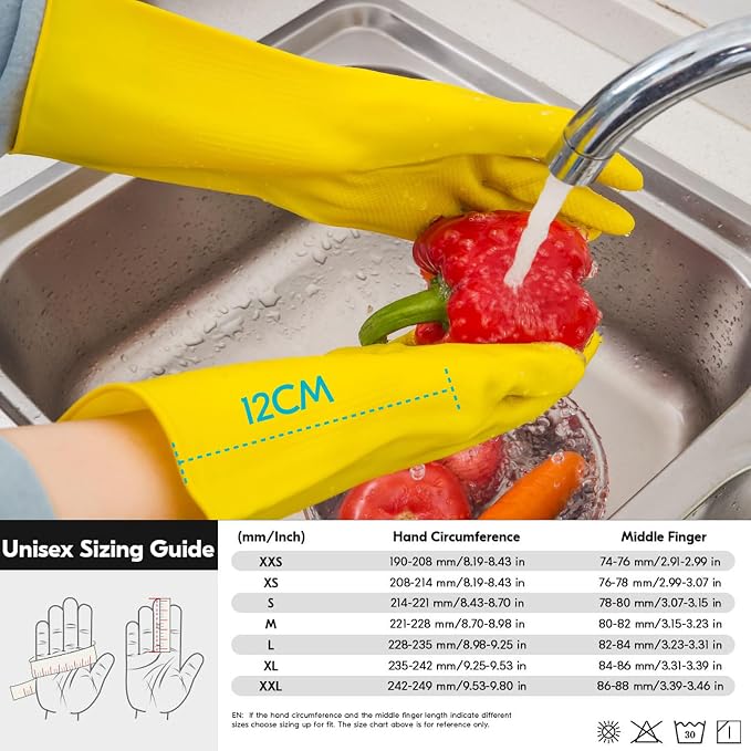 Vgo... 3-Pairs Reusable Household Gloves, Rubber Dishwashing gloves, Extra Thickness, Long Sleeves, Kitchen Cleaning, Working, Painting, Gardening, Pet Care (Size S, Yellow, HH4601)